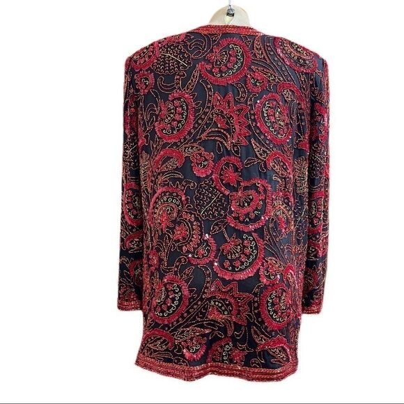 Neiman Marcus Vtg Cocktail Black Red Gold Sequin Beaded Jacket Size Large - Picture 3 of 13